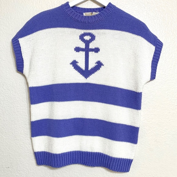Vintage Nautical Striped Anchor Knit Sweater Top - Picture 11 of 13